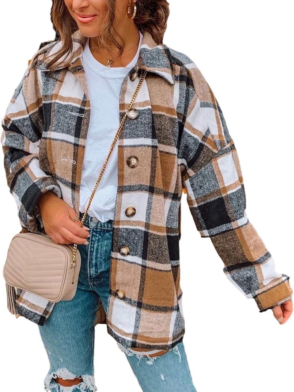 Amazon Plaid Teddy Jacket in Tan, White & Black